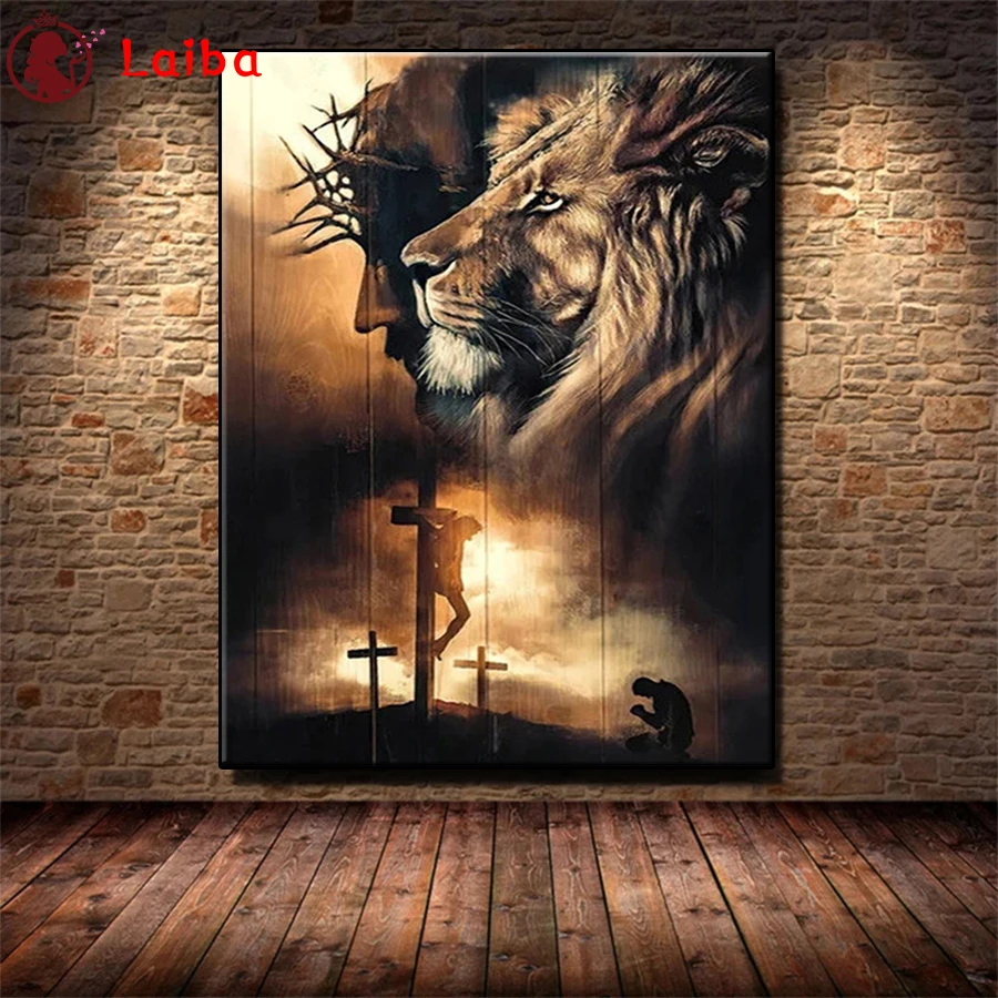 

5D круглая Алмазная вышивка, картина с изображением Иисуса и Льва, алмазная живопись, полноразмерная мозаика, вышивка крестиком, подарок ручной работы