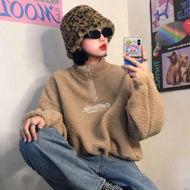 

Korean Style Zipper Short Women's Sweatshirt Vintage Letter Print Casual Lamb Wool Women Clothing Loose Fashion Kpop Clothes