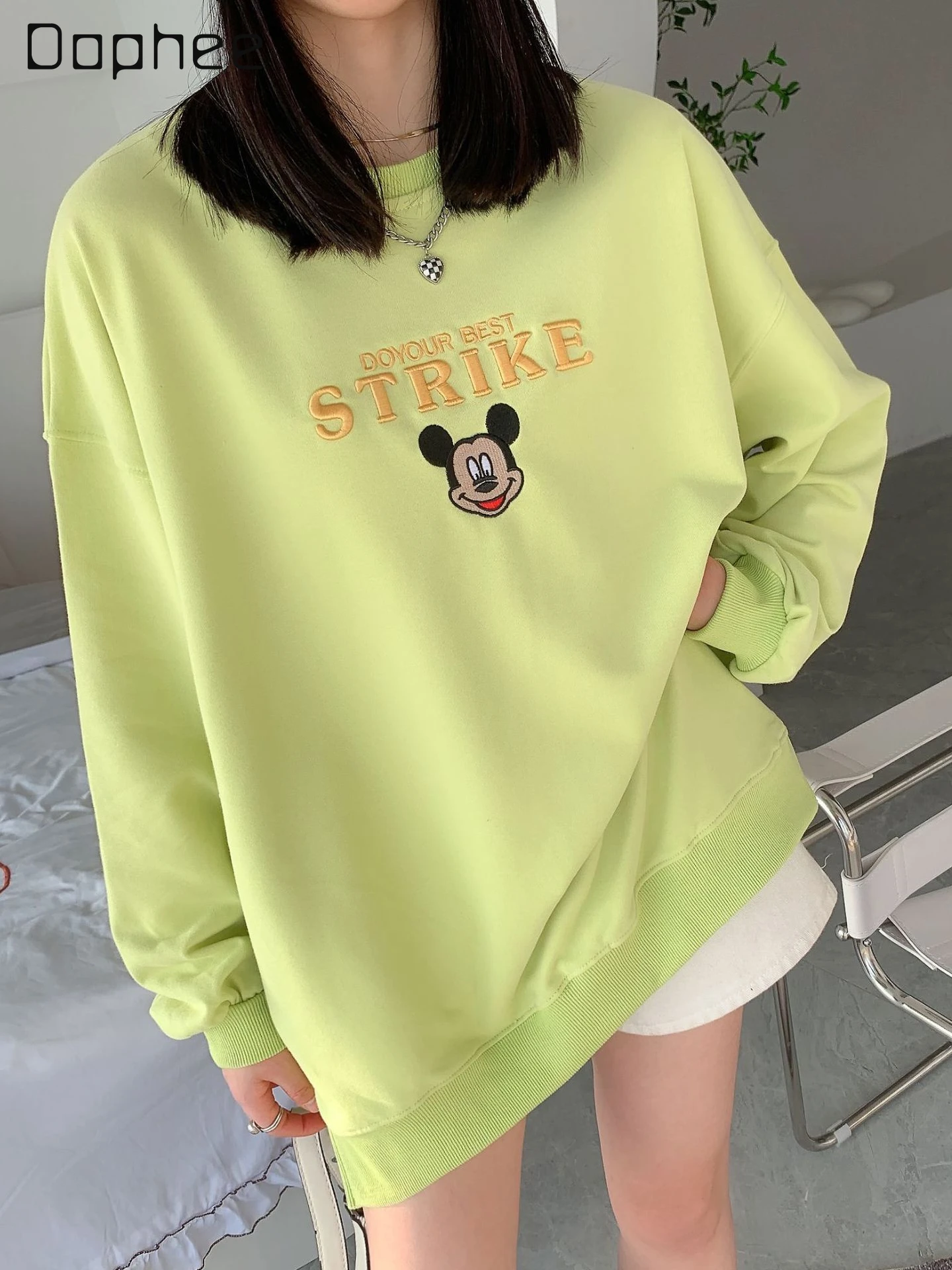 

Spring Autumn Women's Clothing Mid-Length Pullover Sweatshirts Cartoon Embroidered Fashion Round Neck Long Sleeve Hoodie Coat