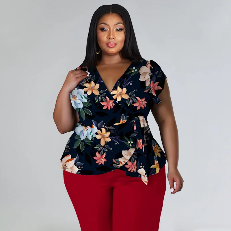 Plus Size Matching Sets Floral Print Tops Shirts And Pants Female Luxury Fashion V Neck Cloth 2023 Summer Women Two Piece Sets