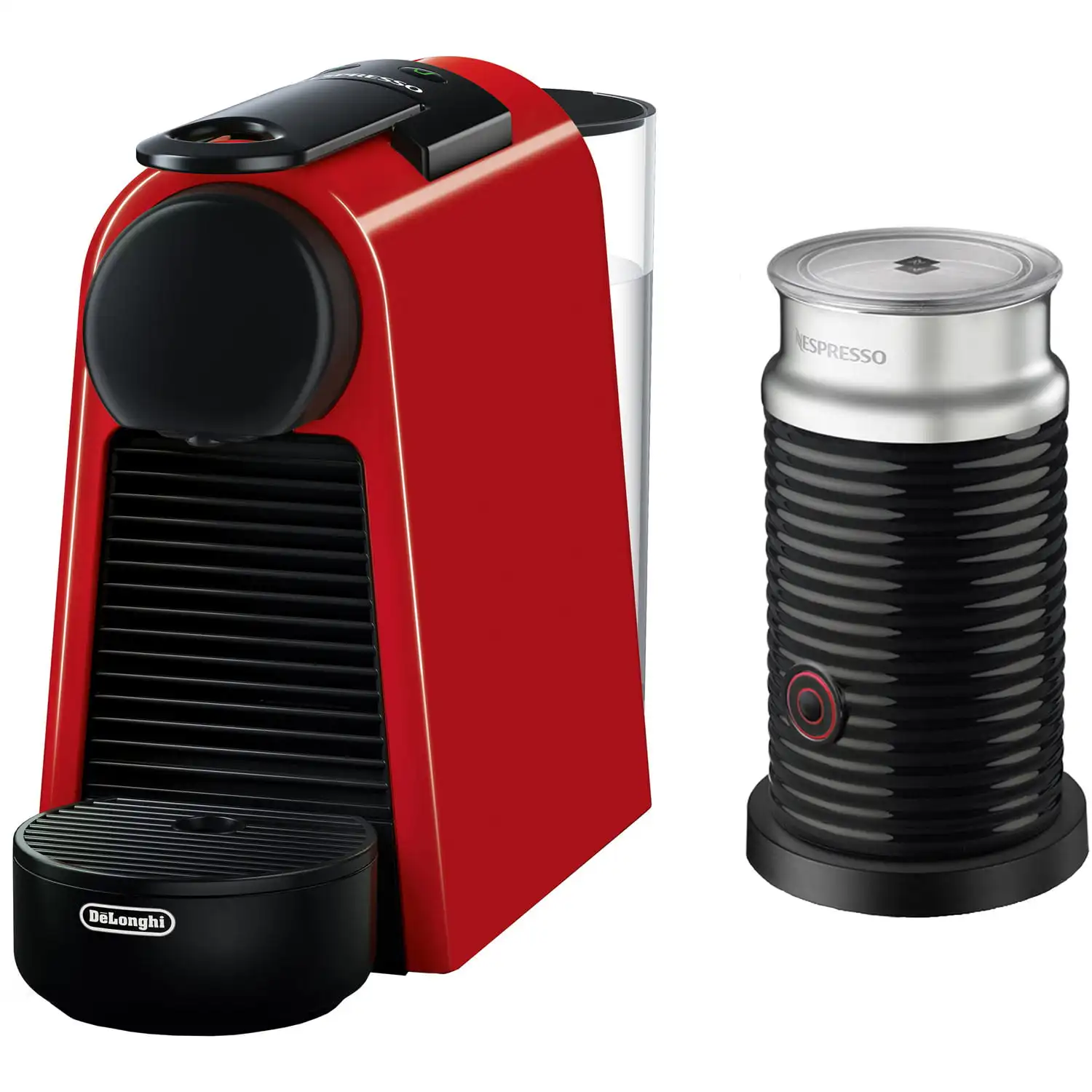 

Essensa Mini Single-Serve Espresso Machine in Ruby Red and Aerocon Milk Frother in Black