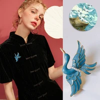 blue enamel crane brooches for women pearl unisex beauty bird animal office casual brooch pins gifts