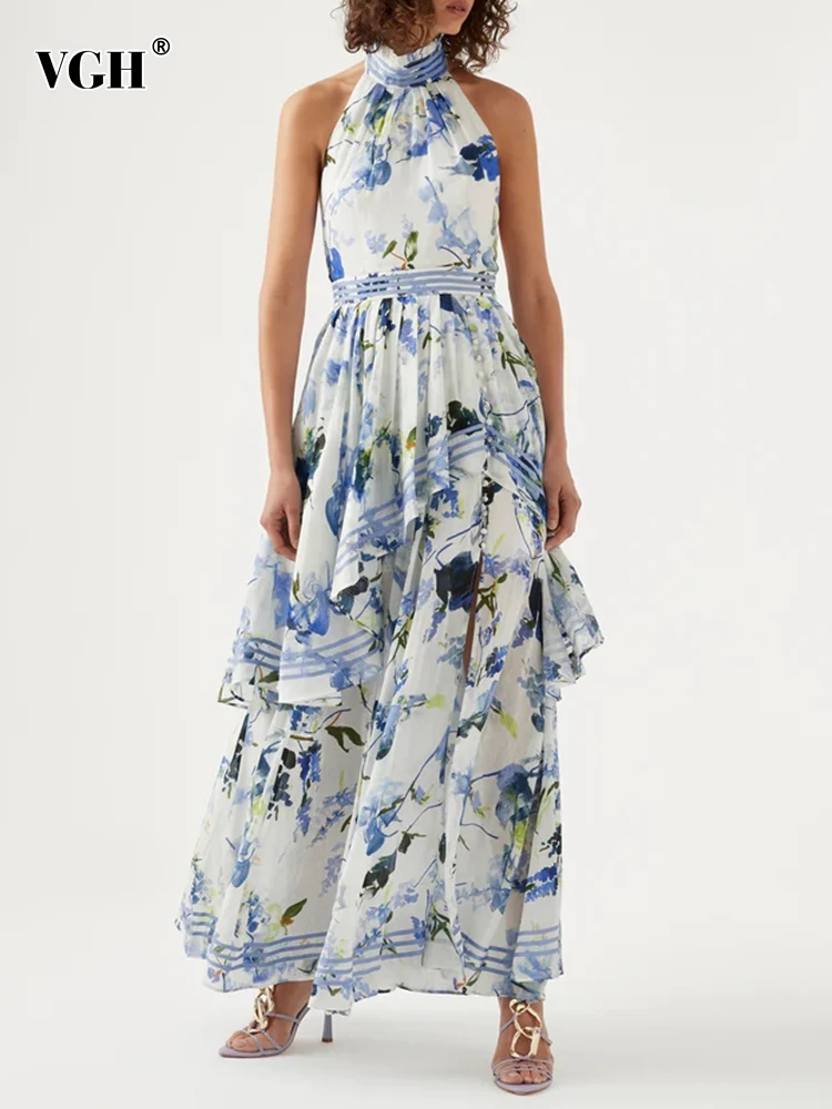 

VGH Print Floral Dress For Women Stand Collar Sleeveless Off Shoulder High Waist Frill Trim Midi Dresses Female Clothes Summer