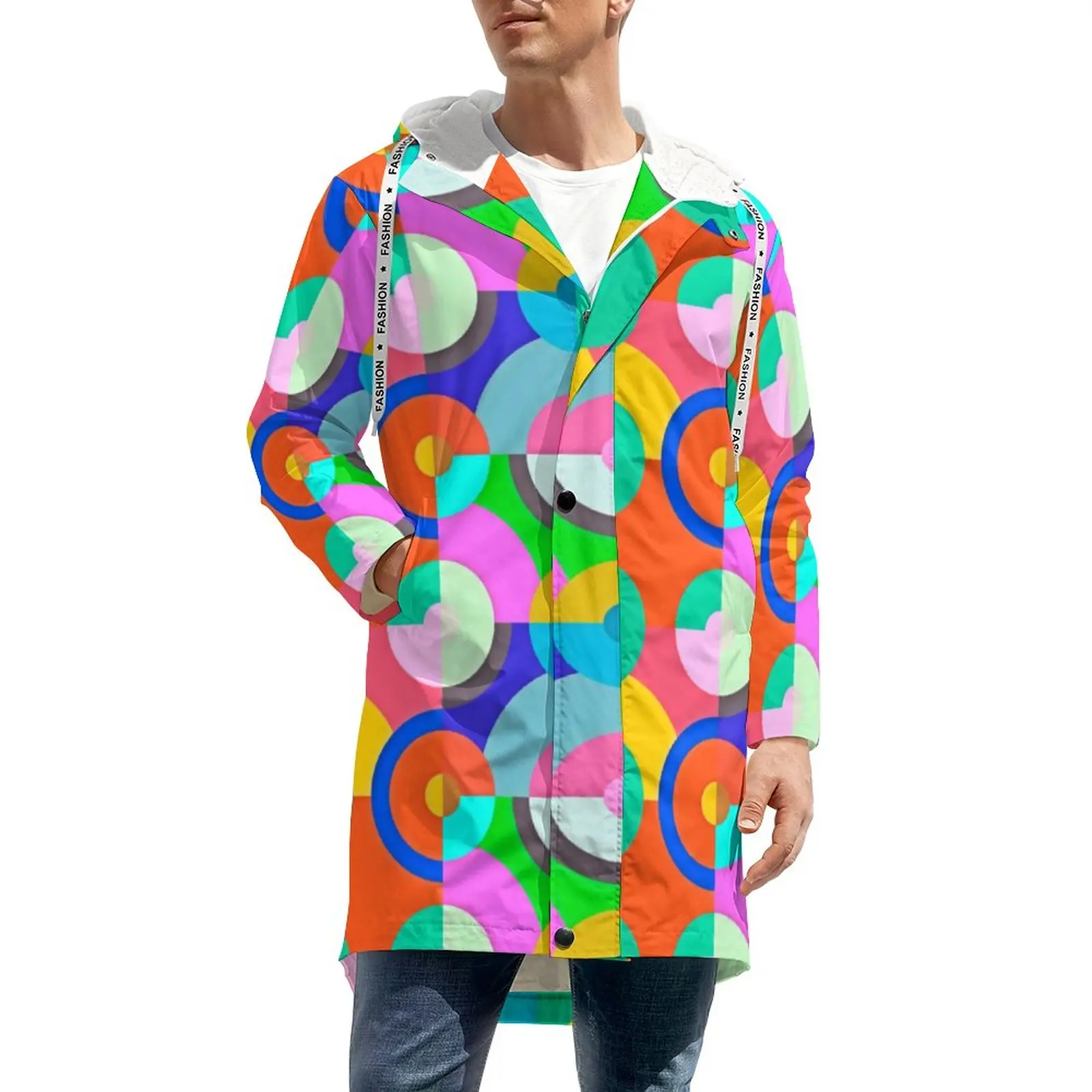 

Colorful Geo Print Winter Casual Jackets Multi Circles Streetwear Zipper Thick Warm Coats Men Custom Classic Parkas Gift Idea