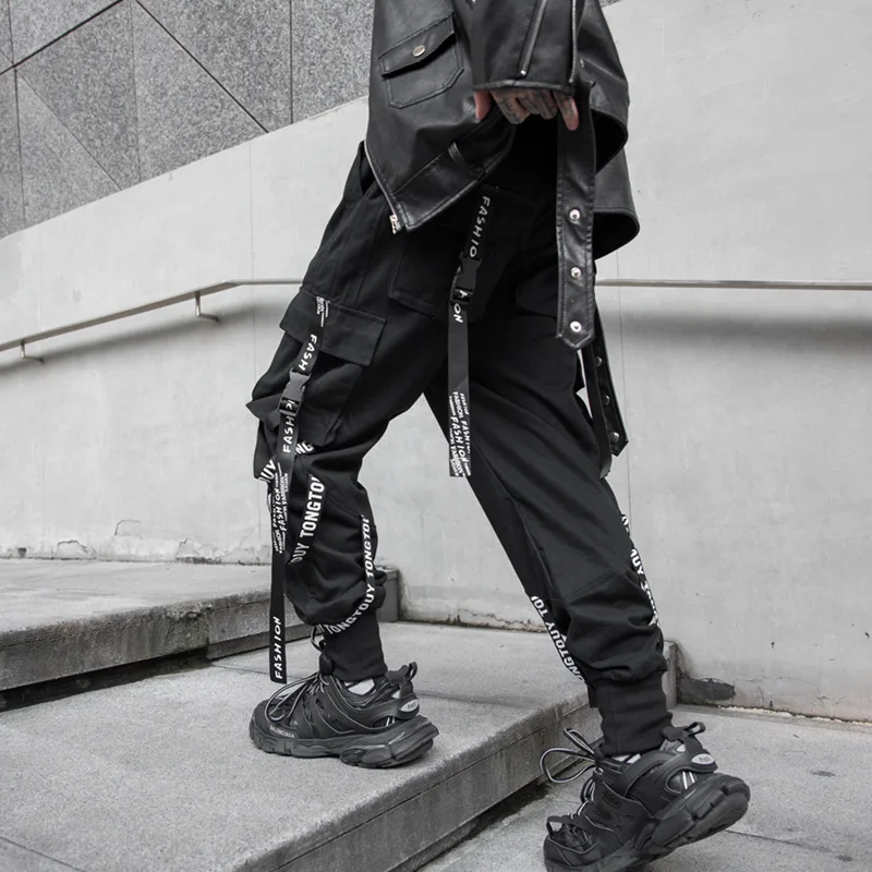 

2022 Fashion Clothing Black Teachwear Cargo Pants Men Joggers Y2K Clothe Trouser Jogging Streetwear Hip Hop Gothic Ribbon Pants