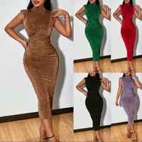 womens spring new fashion 2022 long solid color sexy dress shoulder pad half high neck wrinkled waist sleeveless dress