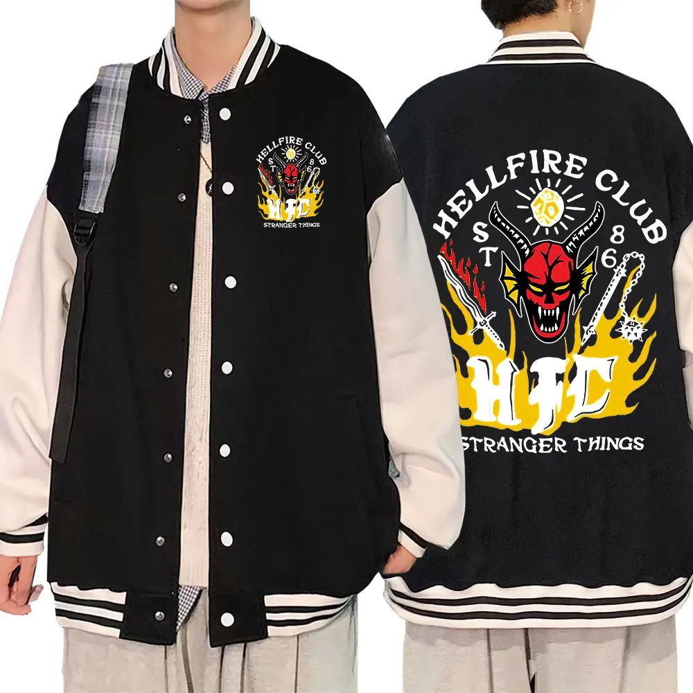 

American TV Series Stranger Things 4 Hellfire Club Print Baseball Uniform Women Men Oversized Bomber Jackets Streetwear Cosplay