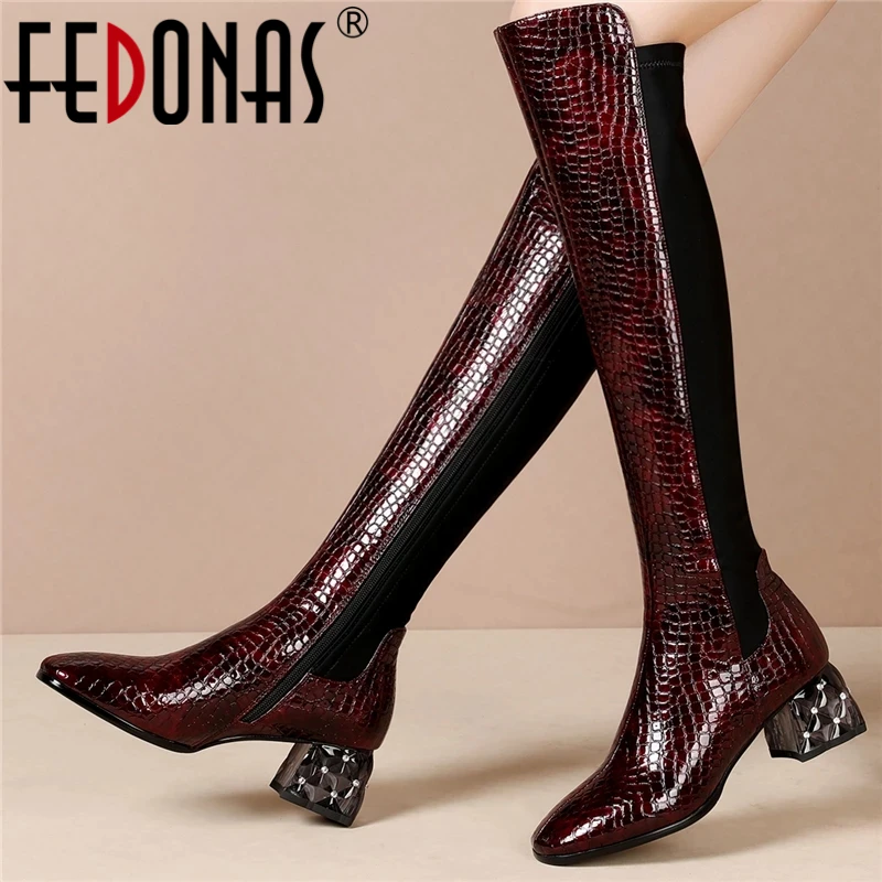 

Женские длинные сапоги на толстых каблуках FEDONAS, черные повседневные сапоги до колена на молнии, обувь для вечеринки на осень и зиму