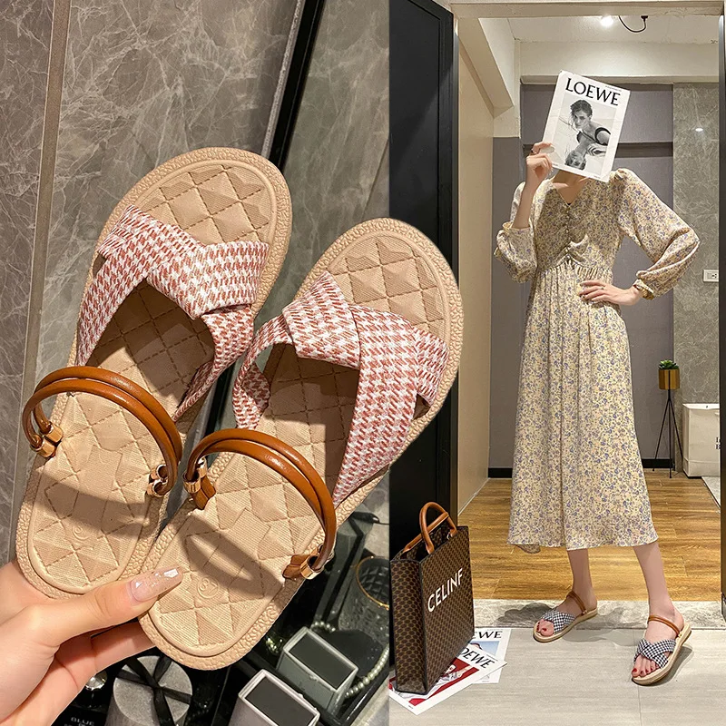 

2022 Korean Style Houndstooth Design Two-Way Sandals Fashion Special-Interest Flat Sandals Women's Outer Cross Sandals