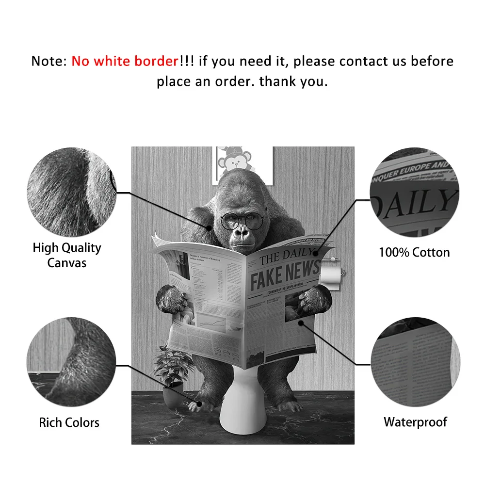 Funny Gorilla Business Poster and Print On The Wall Reading Newspaper Painting Washroom Restroom Decor Black White Art Picture 5