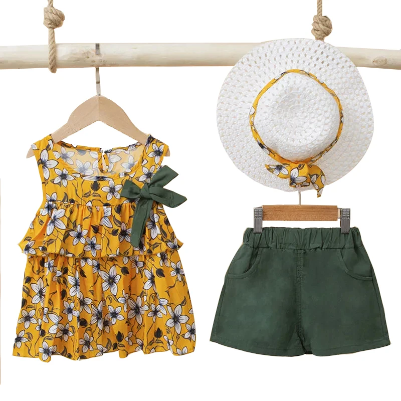 

2022 Summer Girls Pretty Bow Accessories Floral Dress + Shorts + Hat Cheap Three-Piece Suit