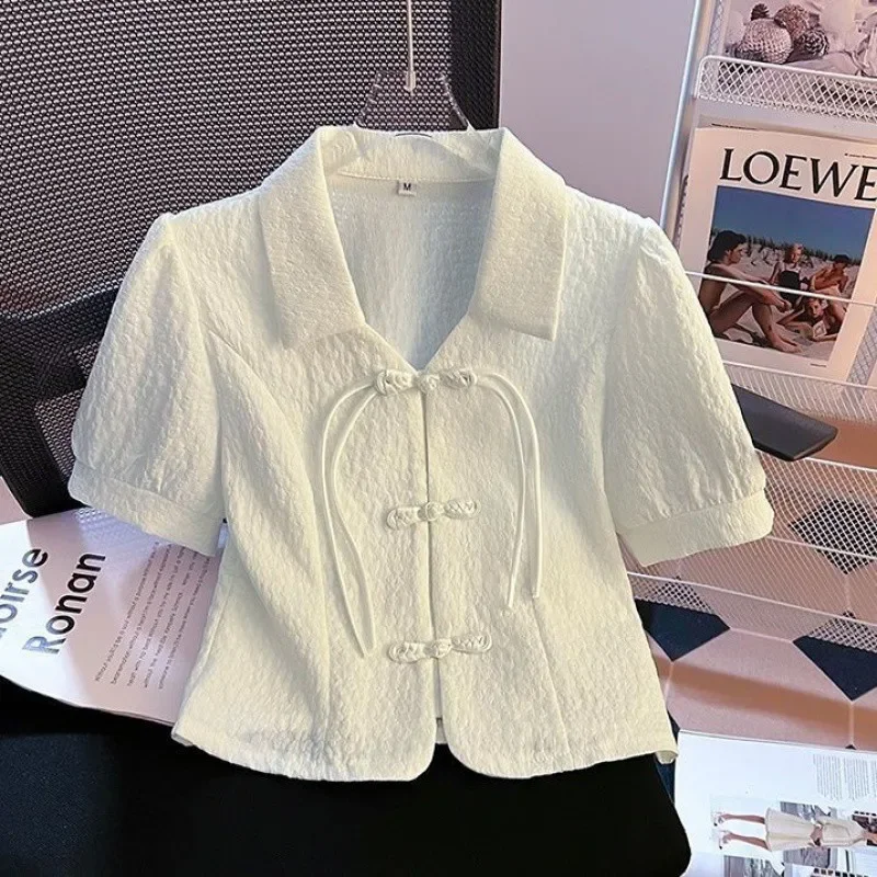 Petite Cropped Top Vintage Jacquard Short Sleeve Shirt Summer New Style Slimming Stylish Little Women's Button-Up