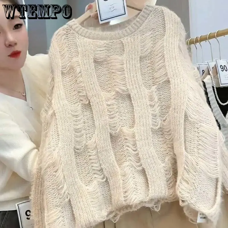 

Pink Hollow Long Sleeve Women Sweater Sweet Loose Thin Short Top Sexy Knitted Pullover Pull Jumper Preppy Style Spring Autumn