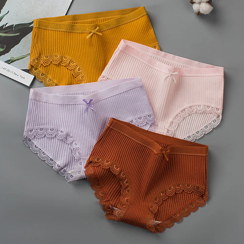 

Women Cotton Panties Comfortable Lace Ruffle Briefs Bow-knot Underpants Solid Mid Waist Lingerie Stripped Breathable Underwear