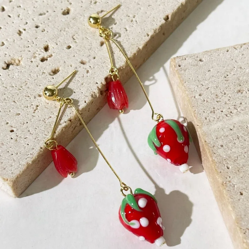 

Minar Statement 14K Real Gold Plating Brass Red Color Resin Acrylic Fruit Strawberry Flower Long Dangle Earrings for Women Femme