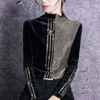 2022 womens autumn winter patchwork velvet thick tops half high collar long sleeve t shirt casual diamonds clothing for female