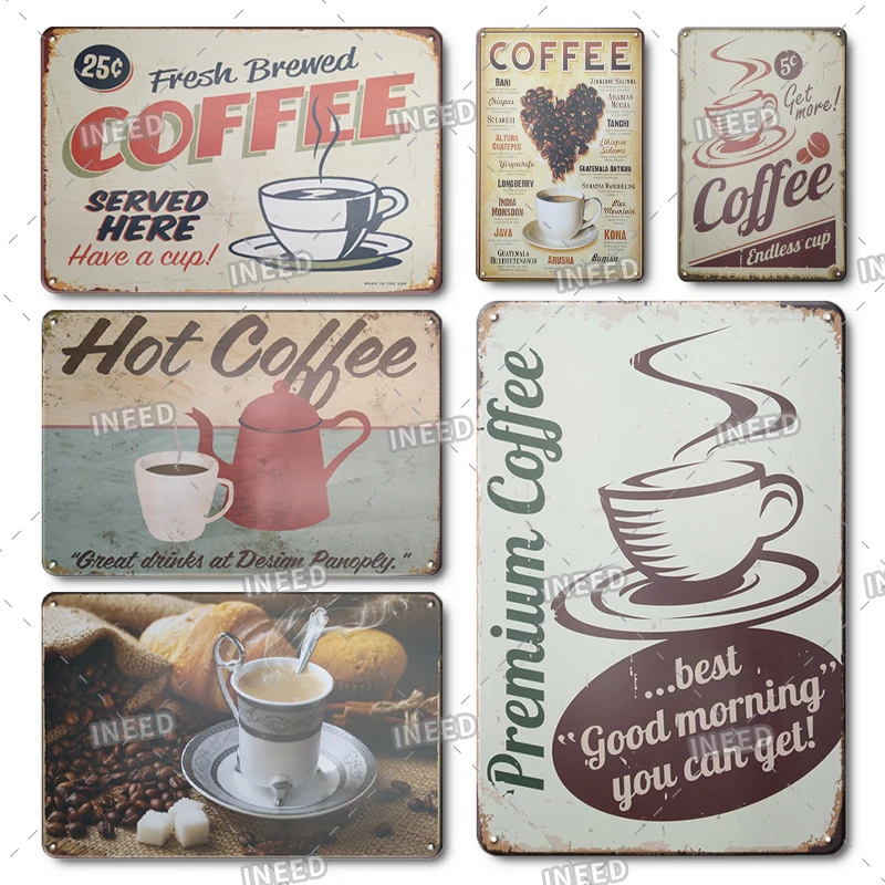 Hot Coffee Bar Metal Plate Poster Pub Cafe Wall Decor Retro Sticker Vintage Tin Sign  Art Metal Painting For Cafe Pub Wall Decor