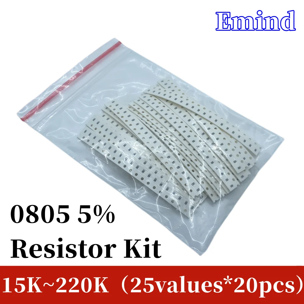 

1/2Lot SMD 0805 Resistors Kit Assorted Kit 5% 15K~220K Ohm 25Values*20=500Pcs 20 22 30 33 47 51 56 68 91 100 120 150 180 200K