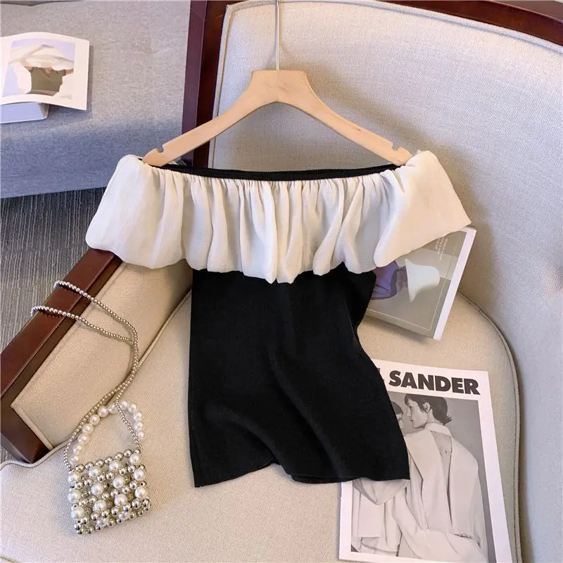 

Off Shoulder Contrast Ruffle Edge Off Shoulder Design Knitted Small Shirt Top Women's Summer vintage
