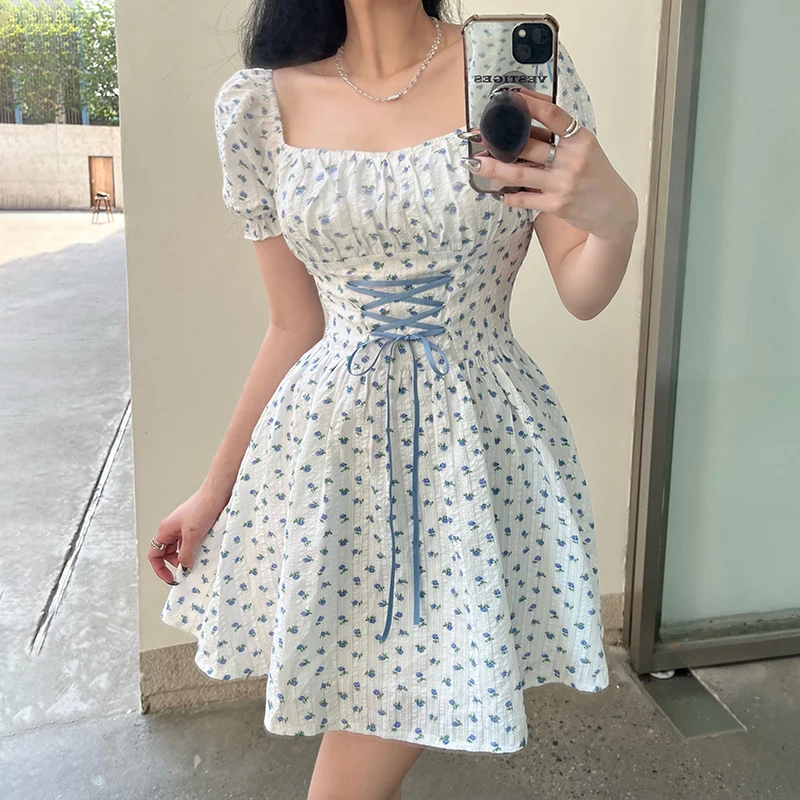 

Small Floral Sundress y2k Cute Sweet Boho Lace Up Mini Dress Women French Short Sleeve Pleated Dress