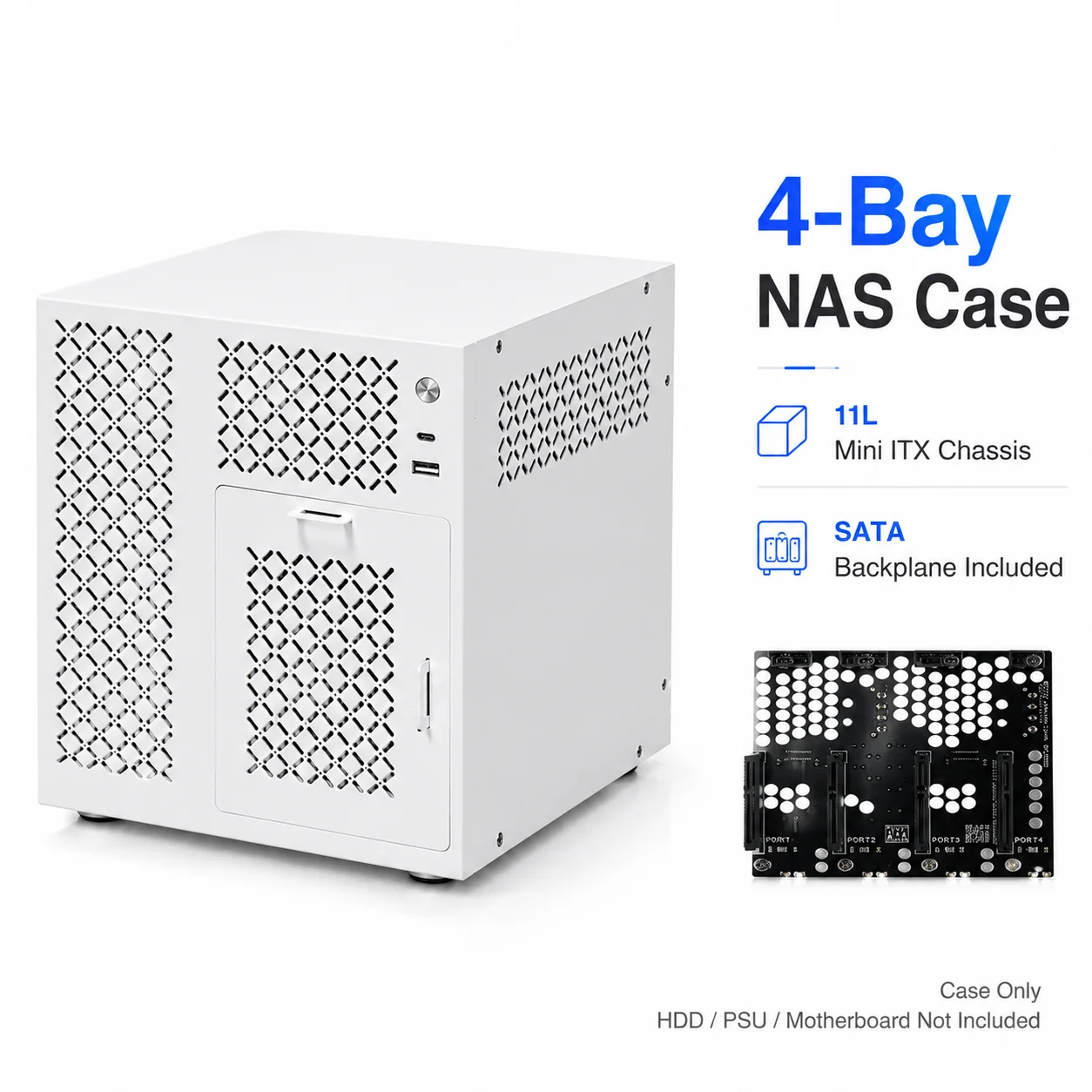 Фото Корпус для NAS на 4 отсека, серверный корпус Mini ITX, 11 л, белый, с блоком питания SFX, горячая замена HDD 3.5, SATA-бэклейн, Type-C, компьютерный корпус №1