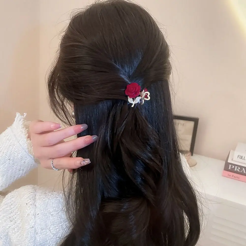 

Clip Flower Red Rhinestone Korean Style Headwear Flocking Rose Hair Clip Velvet Small Hairpin Female Hair Accessories