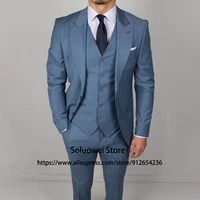 Light Blue Suits For Men Slim Fit 3 Piece Jacket Vest Pants Set Formal Groom Wedding Peaked Lapel Tuxedo Male Business Blazer