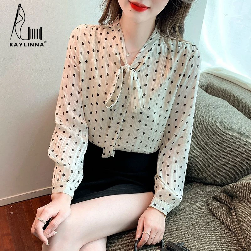 KAYLINNA Woman Blouse Office Lady Casual Shirts French Bow Polka Dot Long Sleeves Blouses Women Chiffon Shirt Top Women Clothing