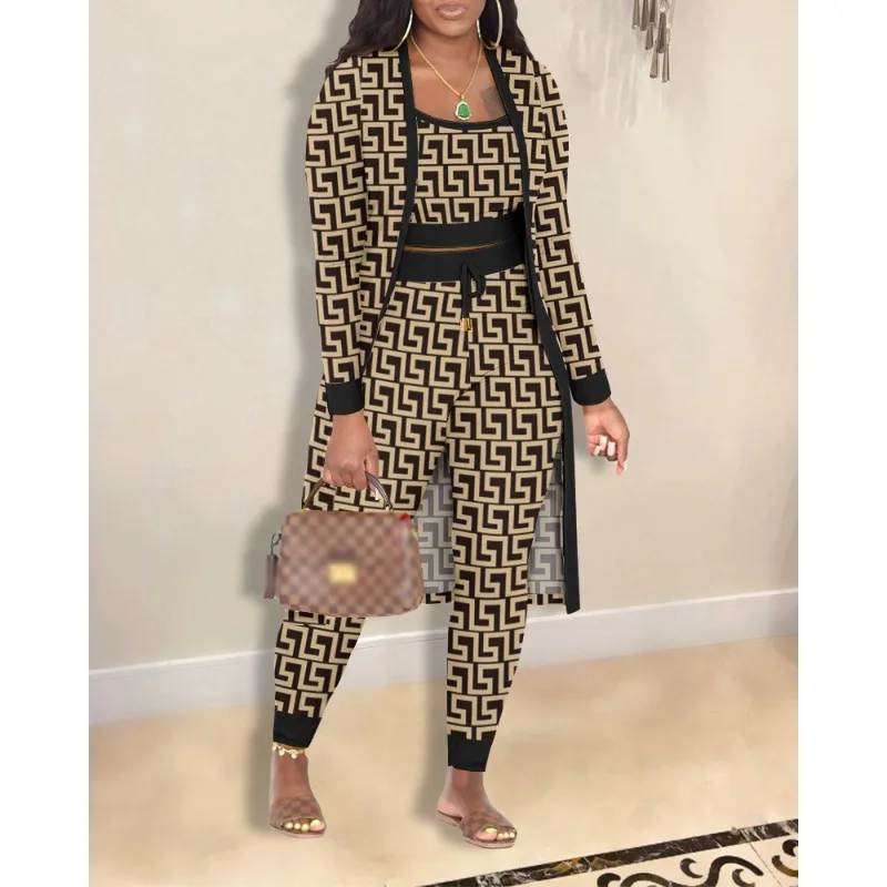 

delicacy New Arrival Autumn Winter Design version Women's Suit Tube Top Printed Top Pants Jacket Three-Piece Set Casual Fashi