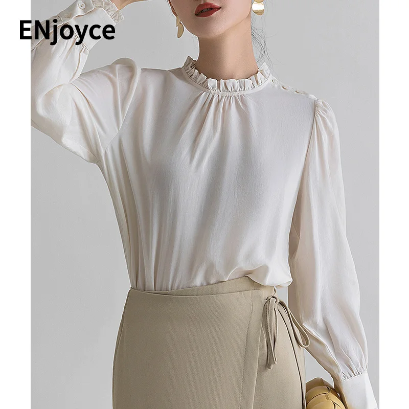 

Простая белая плиссированная рубашка с воротником-стойкой и рукавами-фонариками, женская блузка в Корейском стиле с длинным рукавом, женск...