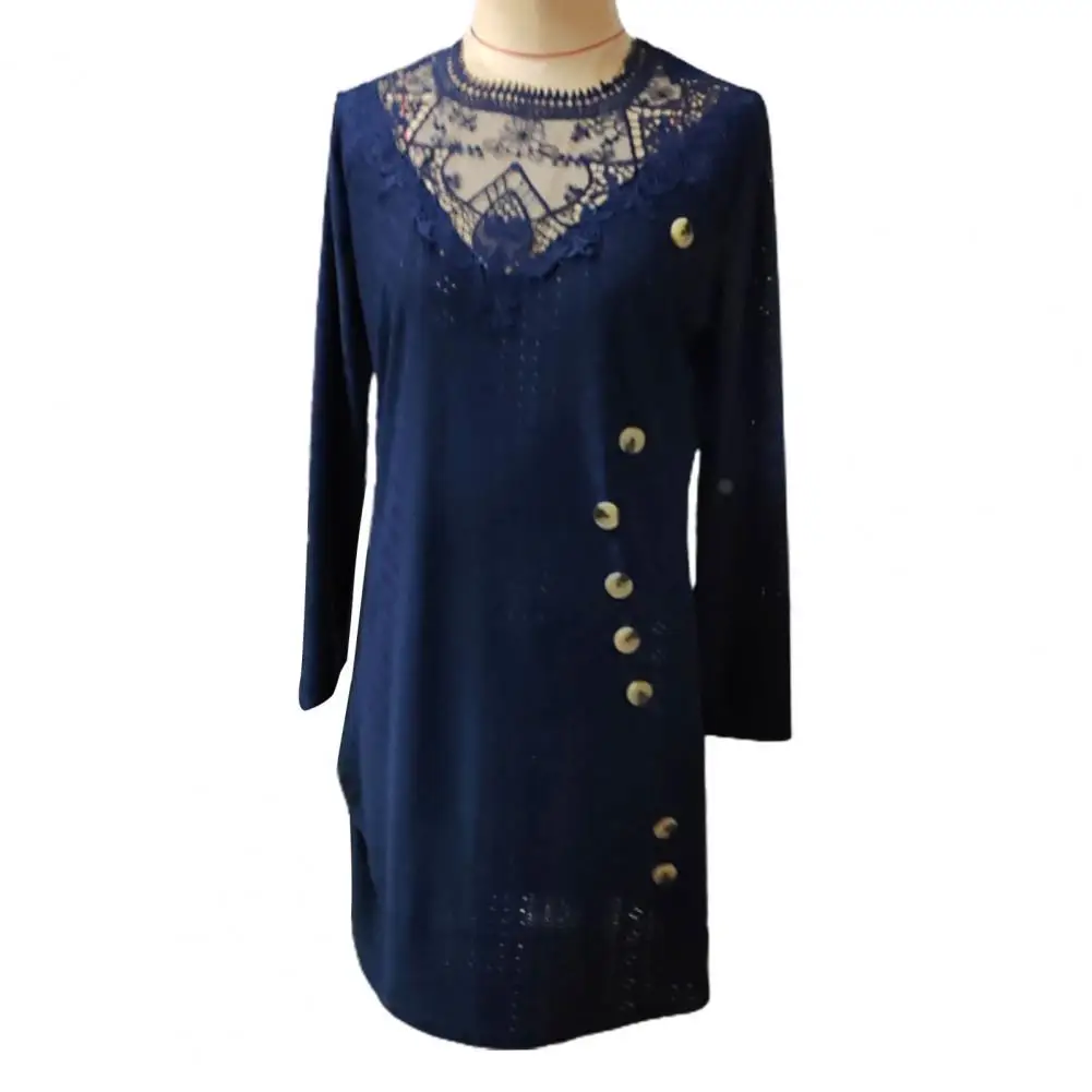 

Lady Solid Color Dress Chic Lace Hollow Out Mini Dress Elegant Floral Applique Button Detail Loose Fit for Women's Fashion Lace