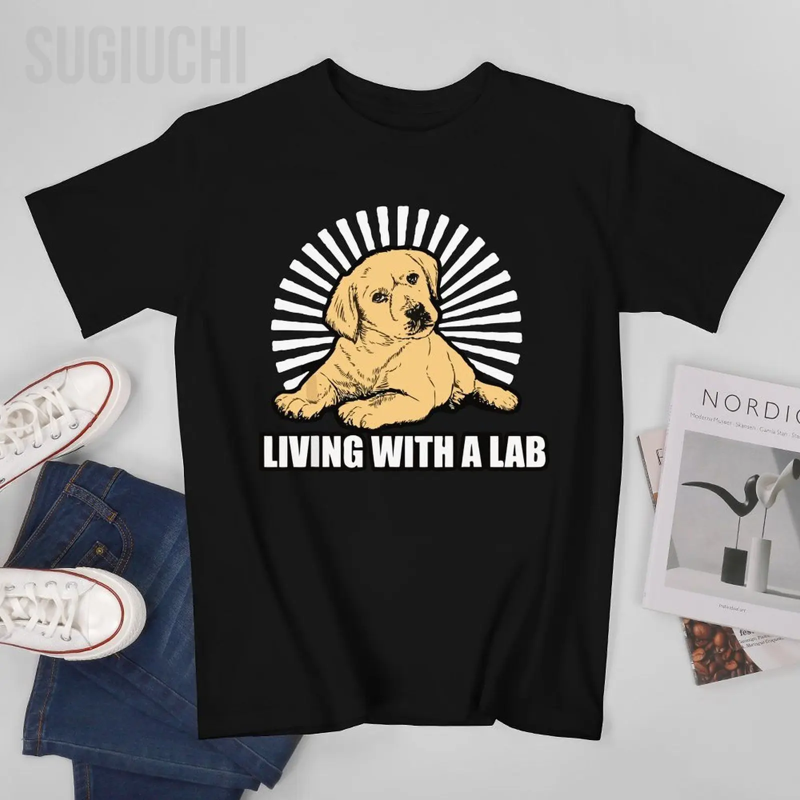 Фото Мужская футболка Labrador Retriever Dogs Living With A LAB, футболки с круглым вырезом, короткая футболка из 100% хлопка для женщин и мальчиков, унисекс №1