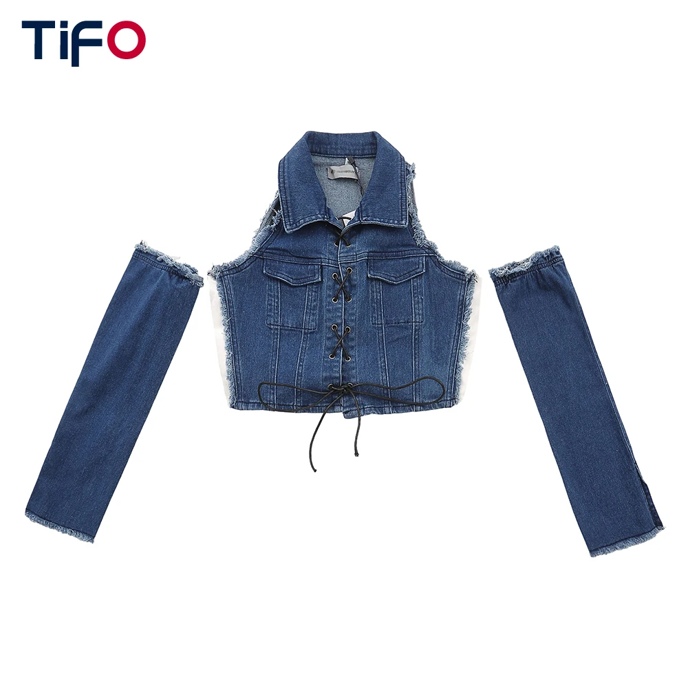 

Hot Girl Raw Edge Spliced Lace Up Lapel Denim Vest Women Crop Slim with Sleeves Washed Tops Lady
