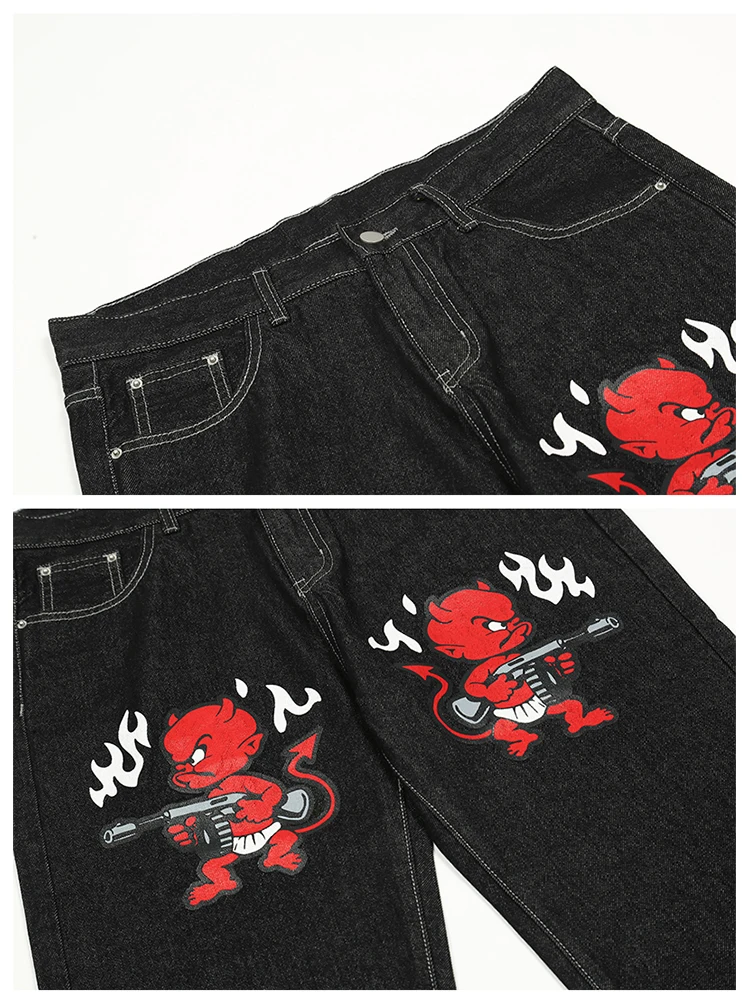 Men's Jeans Cartoon Letter Print Straight Casual Pants Washed Vibe Style Ripped Loose Streetwear Ins Baggy Pants Y2K Streetwear