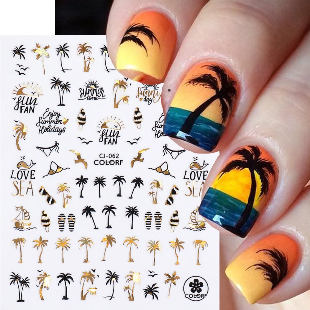 Summer Coconut Tree Nail Sticker Holographic Black Gold Leaf Sliders For Nails Mermaid Beach Sea Animal Manicure Decal GLCJ-062