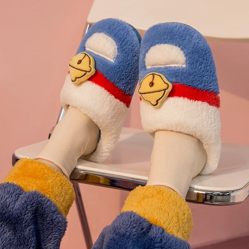 

2023 New Cotton Slippers Doraemon Female Autumn and Winter Home Indoor Cute Cartoon Couple Warm Plush Men's Slippers 12+y