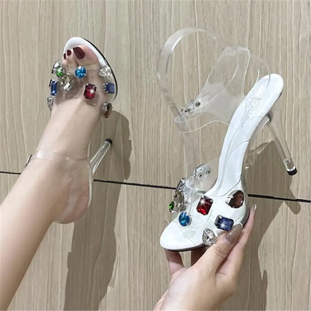 

Transparent Rhinestone Sandals Women 2022 Sexy 11 CM Clear High Heels Ladies Banquet Wedding Shoes Show Open Toe Stilettos 34-43