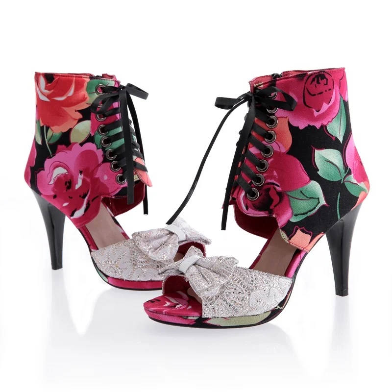 red retro sweet print satin bow-tie summer shoes woman platform sandals fashion cut-outs party wedding shoes female outdoor shoe