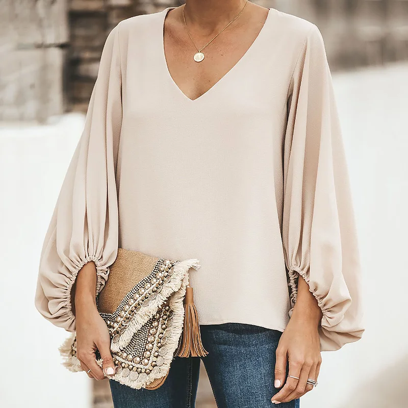 

Fashion Casual Tops Long Lantern Sleeve Chiffon Shirt Women Spring Summer Fall Solid Color V-neck Loose Blouse Female