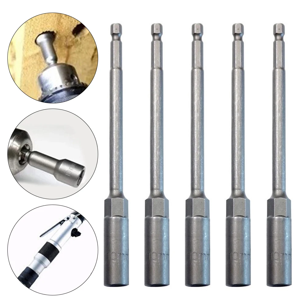 

5Pcs Hexagon Nut Driver Bit Adapter 10mm Hex Socket Wrench 150mm Extension Sleeve 6.35mm Shank For Power Wrench Tool Accessories