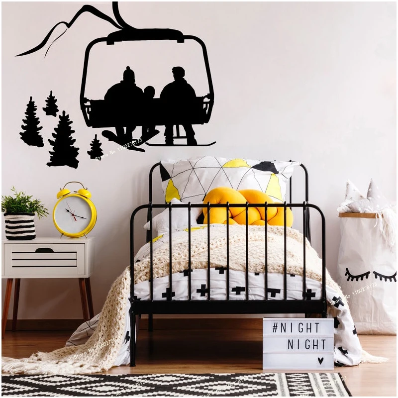 

Skiing Wall Decal Skier Ski Lift Chair Mountain Pine Tree Wall Sticker Winter Sports Decor Vinyl Home Bedroom Decor Poster Mural