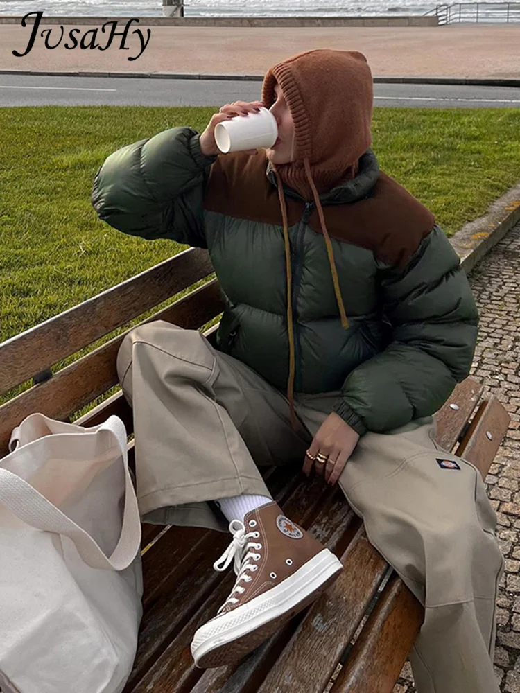 JusaHy Women 2022 Winter New Street Casual Straight Green Thickened Padded Jacket Zipper Fashion Loose Preppy Style Simple Coat