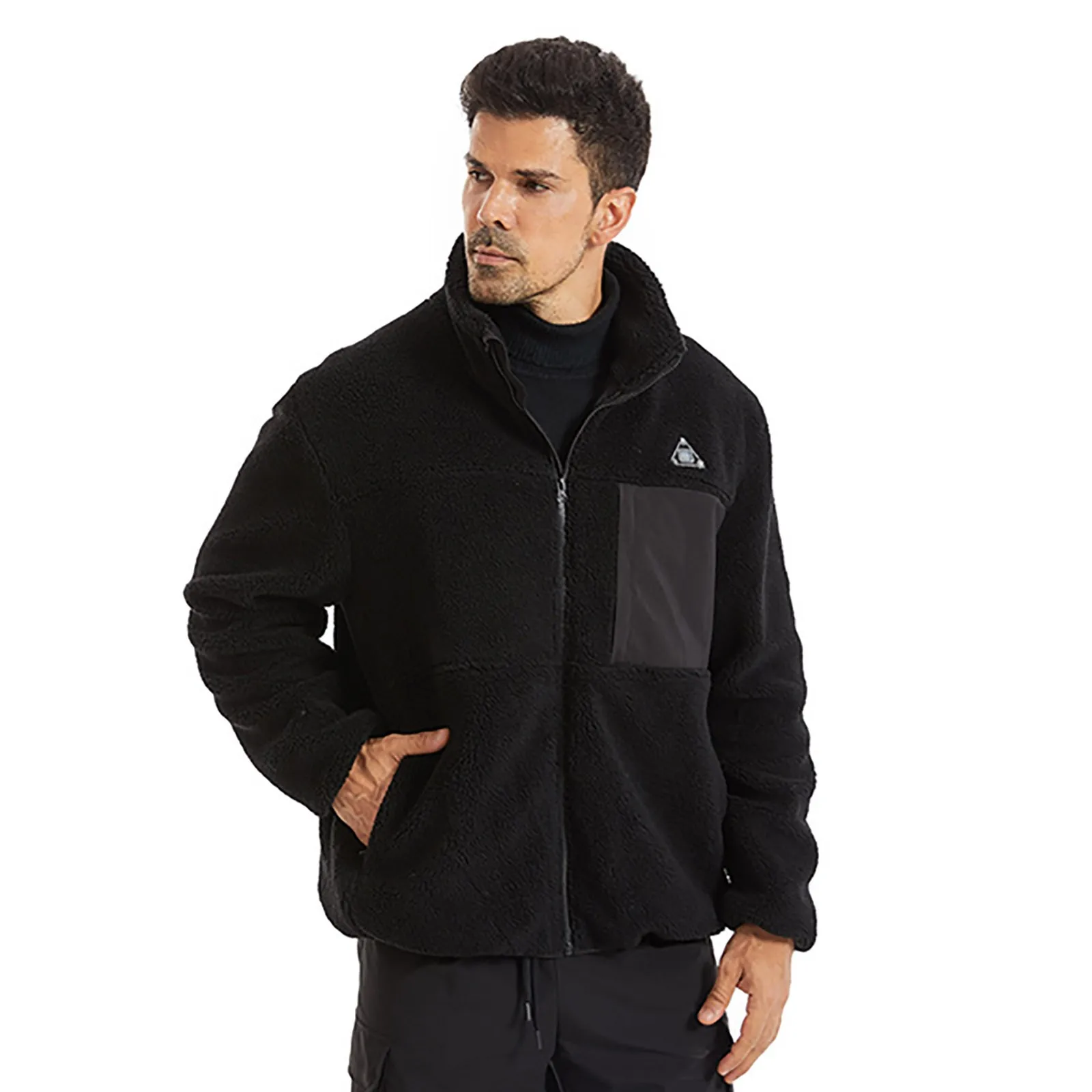 Мужская однотонная теплая флисовая куртка с подогревом и воротником-стойкой на