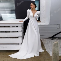 simple puff sleeves jersey princess wedding dress v neck floor lengh long bridal gown for bride custom button back a line 2022