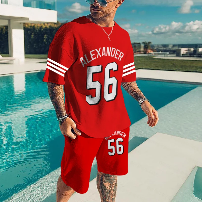 Summer Men's Short-Sleeved Shorts Suit Loose T-shirt Sports Style Red Ball Number Printing Breathable Casual Two-Piece Ball Suit