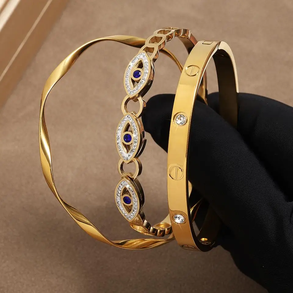 Стильные браслеты из нержавеющей стали с бамбуковой инкрустацией и фианитами