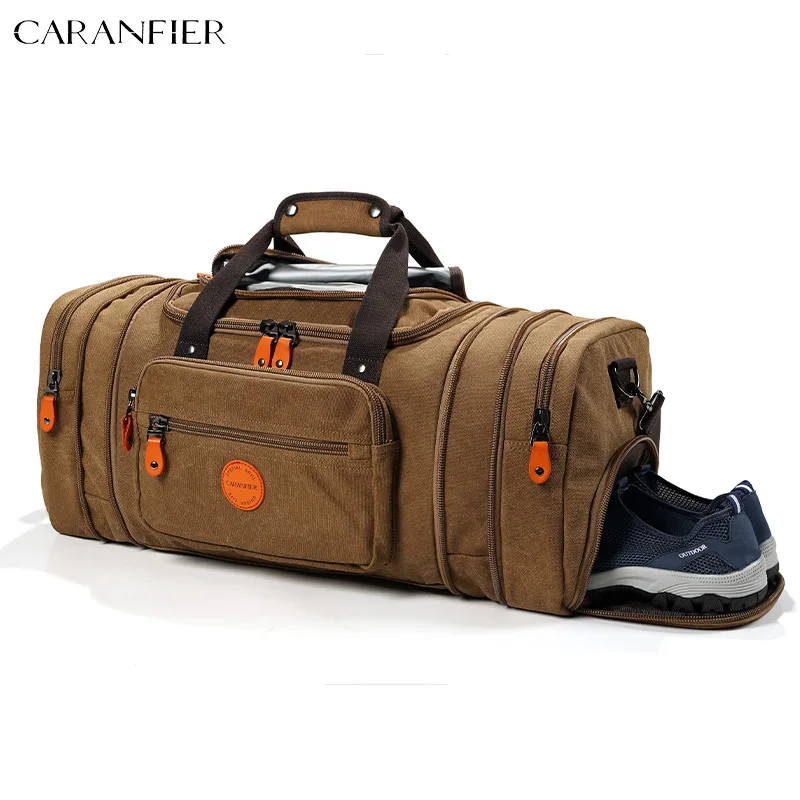 

CARANFIER 16oz Canvas Travel Duffle Bag for Men Shoe Compartment Expandable Design 50L/55L Dry Wet Separation Pocket Weekender