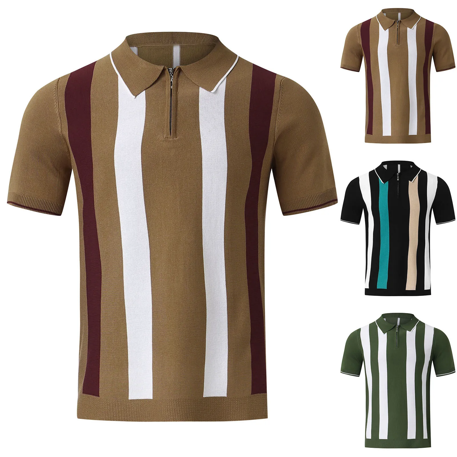 

Foreign Trade Men's Summer New Striped Splicing Knit Short Sleeve Woolen Shirt Tee Top