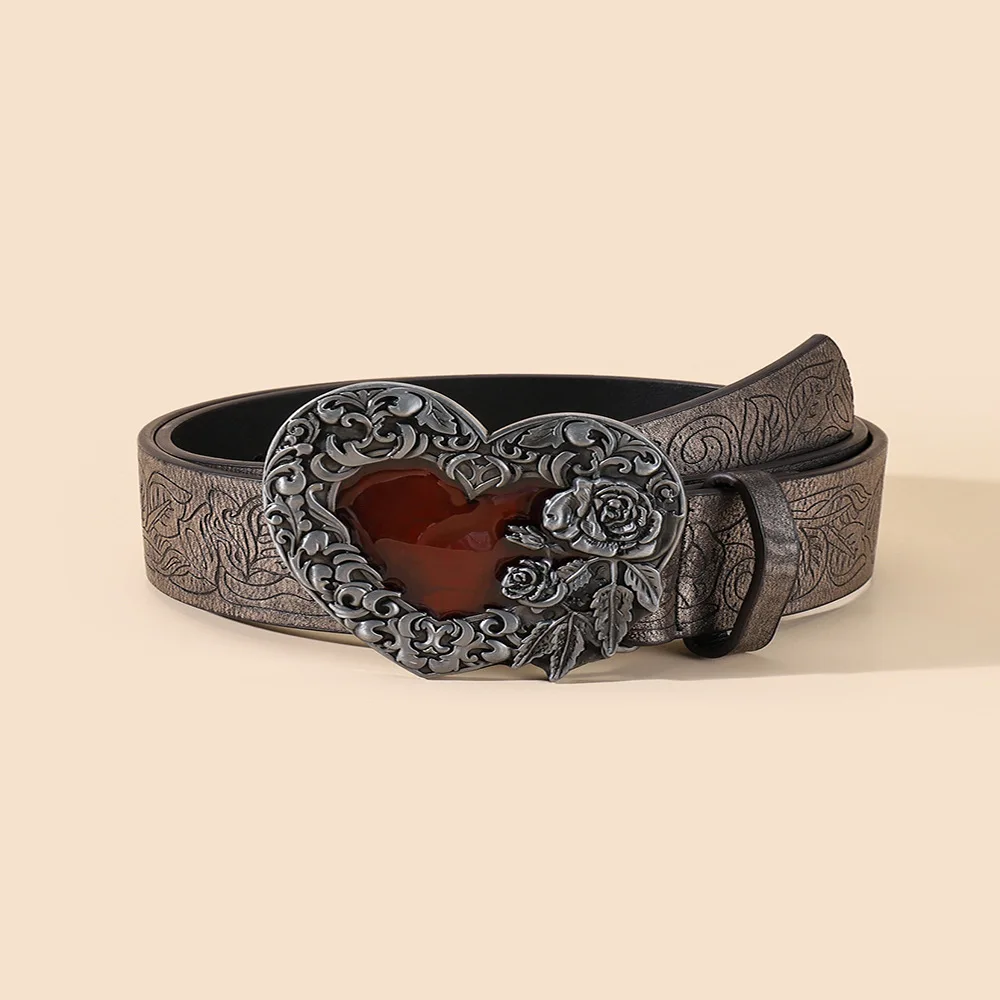 Fashion Classic Embossed Strap with Enameled Zinc Allay Heart Flower Buckle Belts for Women