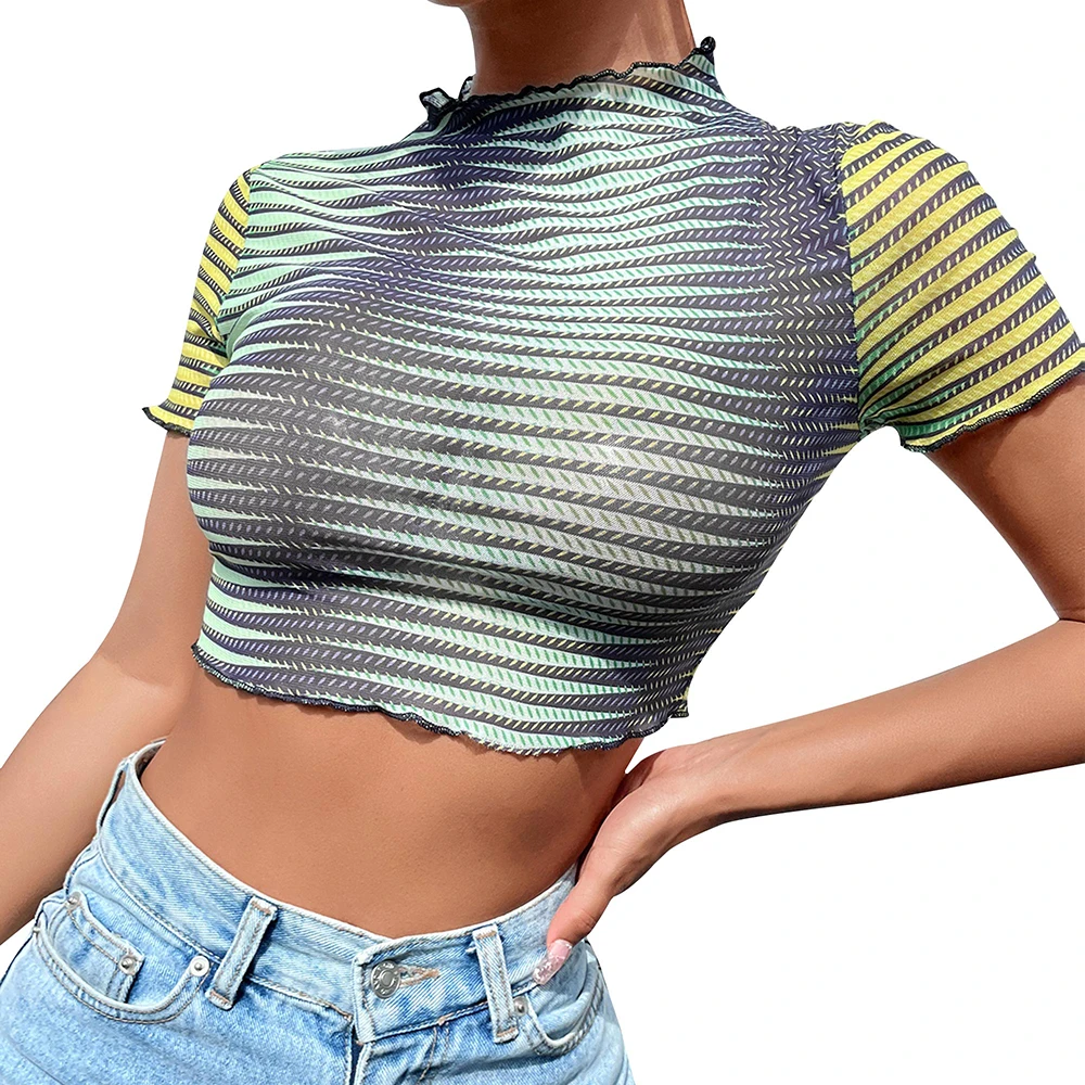 

Women Striped Printing Crop Tops Fashion Summer Regular Short Sleeve Pullover Sexy Tank Top Ruffle Short Style Blouses
